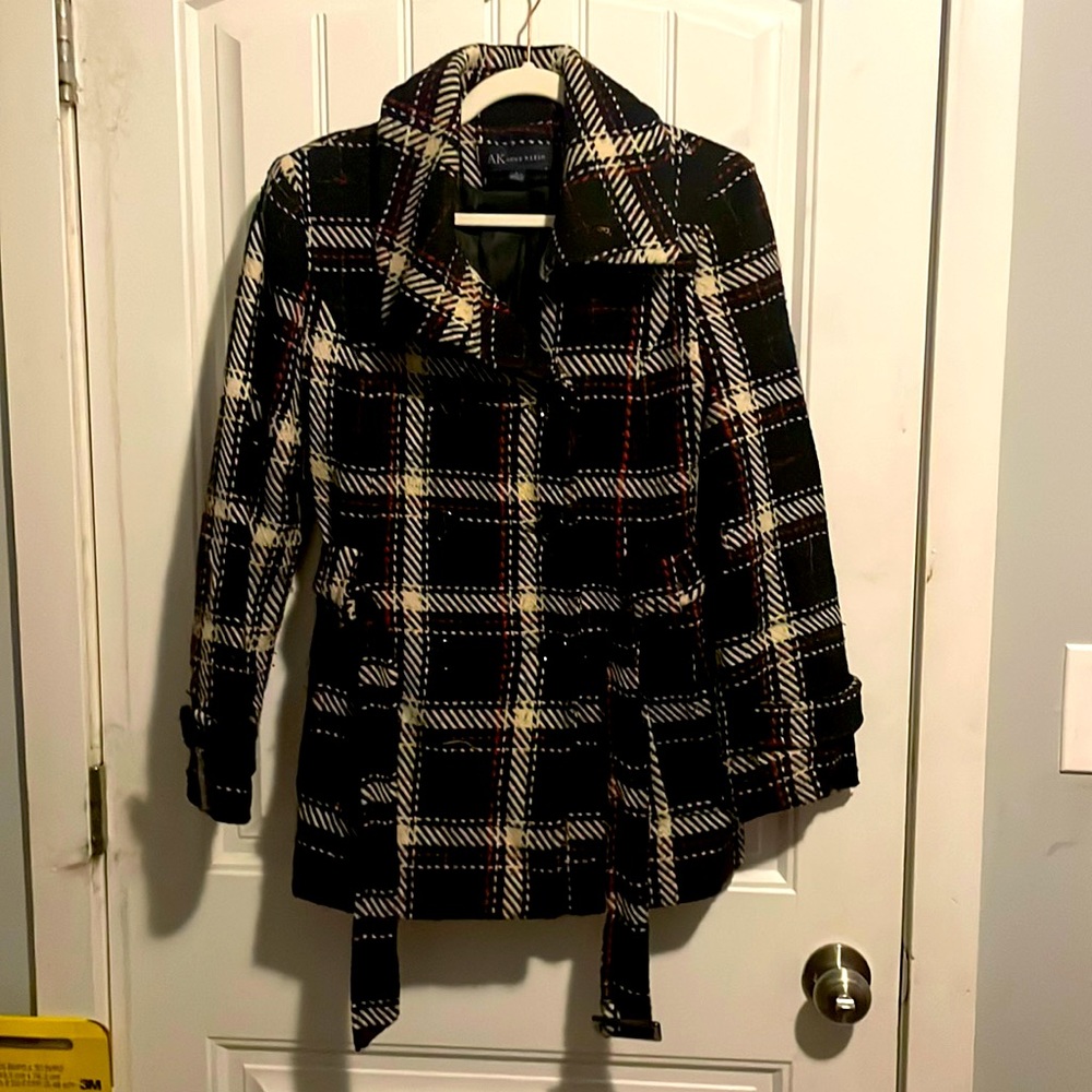 Black, red and white plaid peacoat with belt